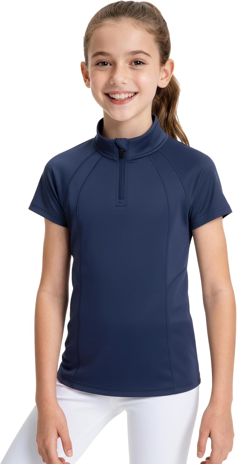 JOCMIC Girls Equestrian Shirt Short Sleeve Quick Dry Horse Riding Shirts Half Zip Horseback Show Shirt