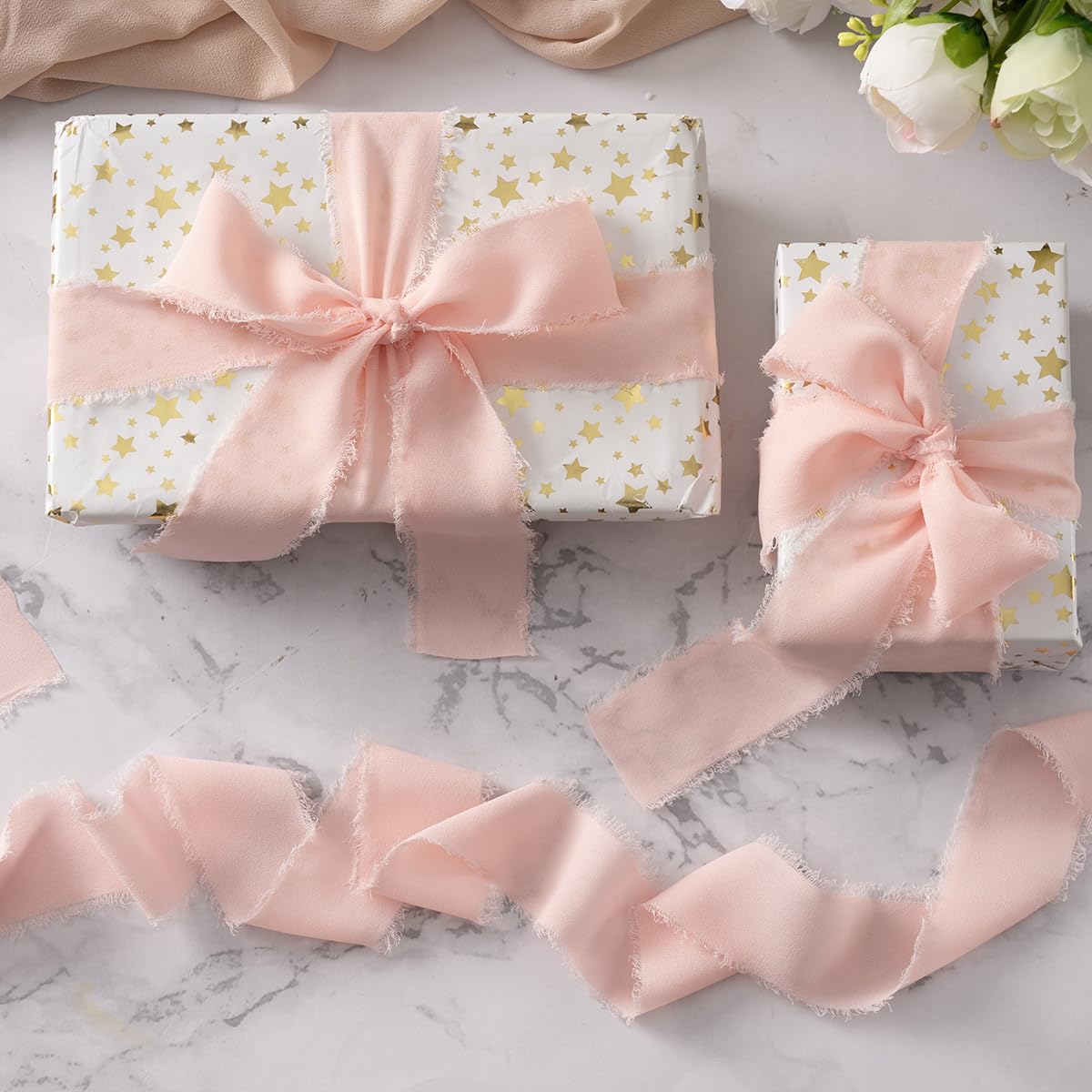 FAKILO Lot De 3 Rouleaux De Ruban En Mousseline De Soie Rose Pour Emballage Cadeau, 3,8 Cm X 9,1 M Pour Invitations De Mariage, Décorations De Fête D'anniversaire, Bouquets De Mariée