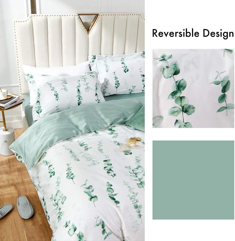 MILDLY King Duvet Cover Set, 100% Long Staple Cotton Green Eucalyptus Leaves Plant Pattern White Summer Comforter Cover Set 3pcs - Image 3