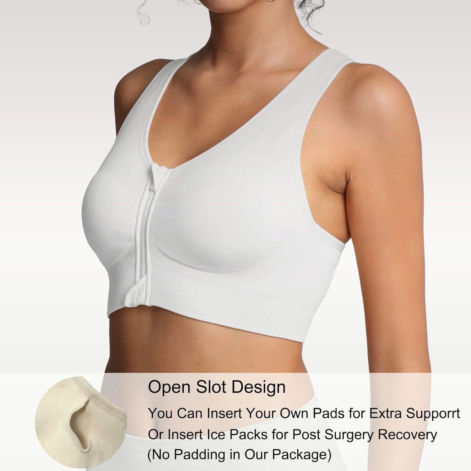 Lemef Front Zipper Sports Bras for Women Wirefree Post Surgery Bra Front Closure Racerback Compression Mastectomy Bras - Image 4