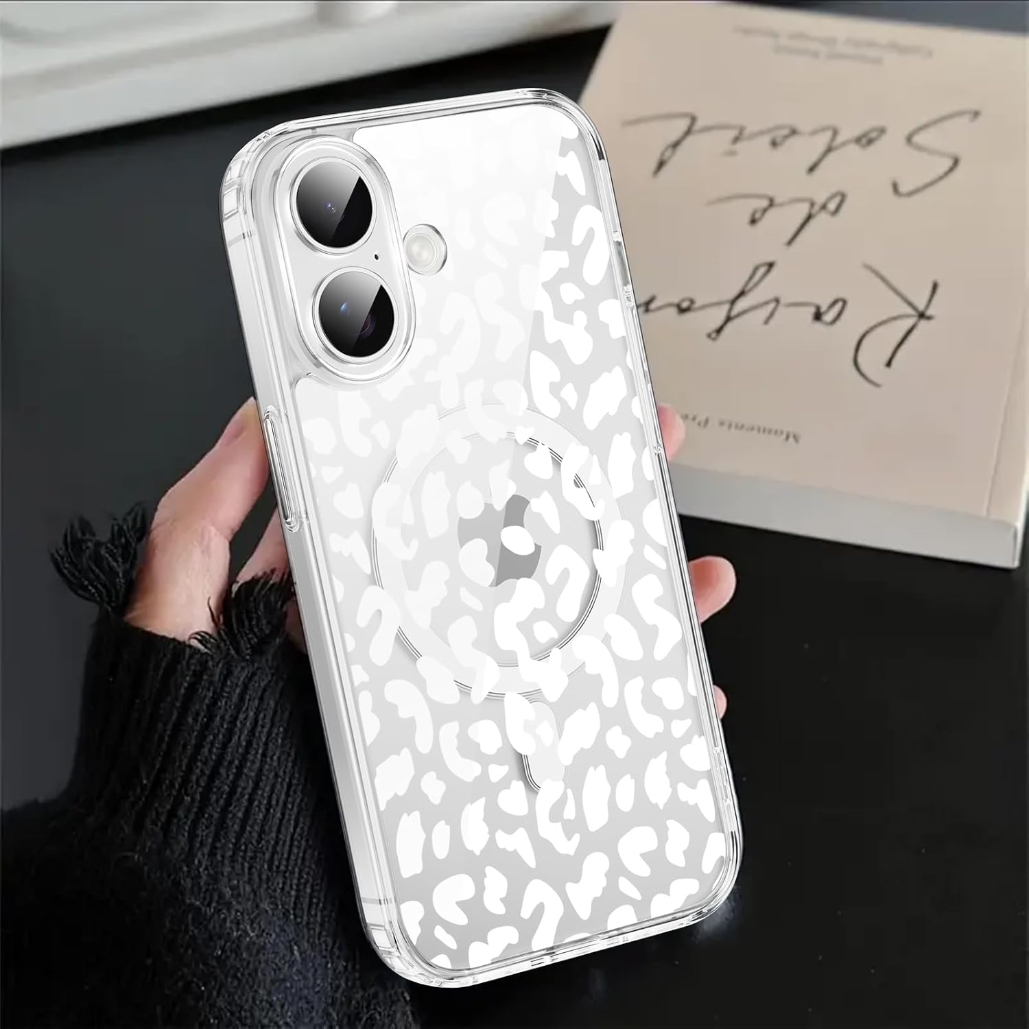Magnetyczne etui na telefon komórkowy iPhone 16, kompatybilne z MagSafe, wzór panterki, dziewczęce, przezroczyste, silikonowe, cienkie, TPU + PC, odporne na uderzenia, białe 2