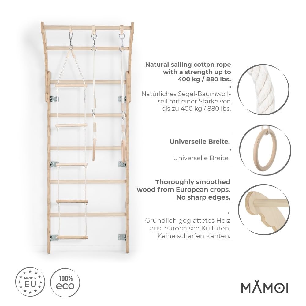 MAMOI® Klettergerüst Indoor, Sprossenwand für kinderzimmer, Turnringe Kinder für Klettern, Kletterwand und spielgeräte, Turngeräte mit Klimmzugstange für drinnen, Sportgeräte