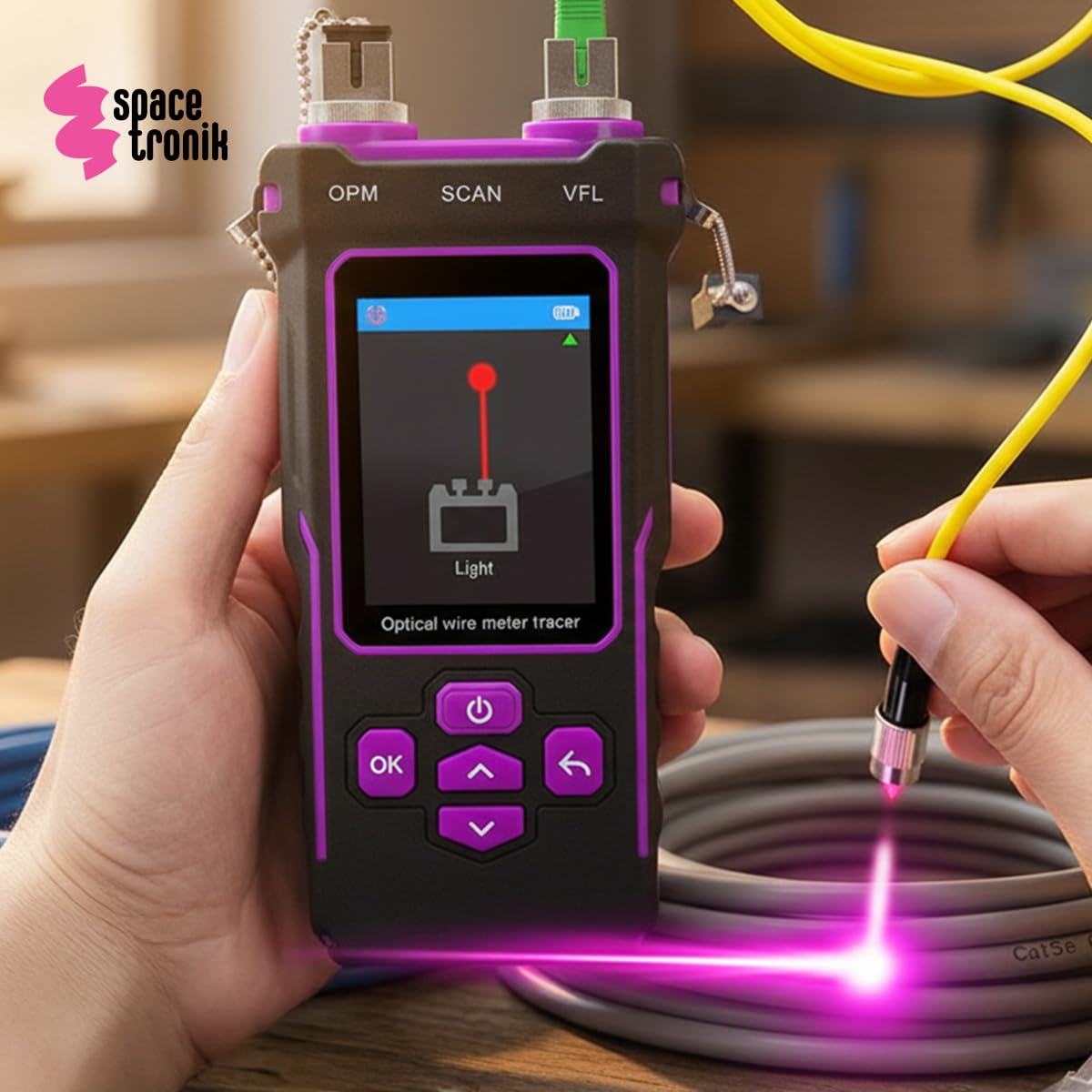 Spacetronik Tester de Cables de Red PoE Multifunción - Prueba de Fibra Óptica, Tester PoE con Detector NCV y Linterna LED - Medición Longitud de Cables CAT5/CAT6 hasta 200m, USB-C, Port-Flash