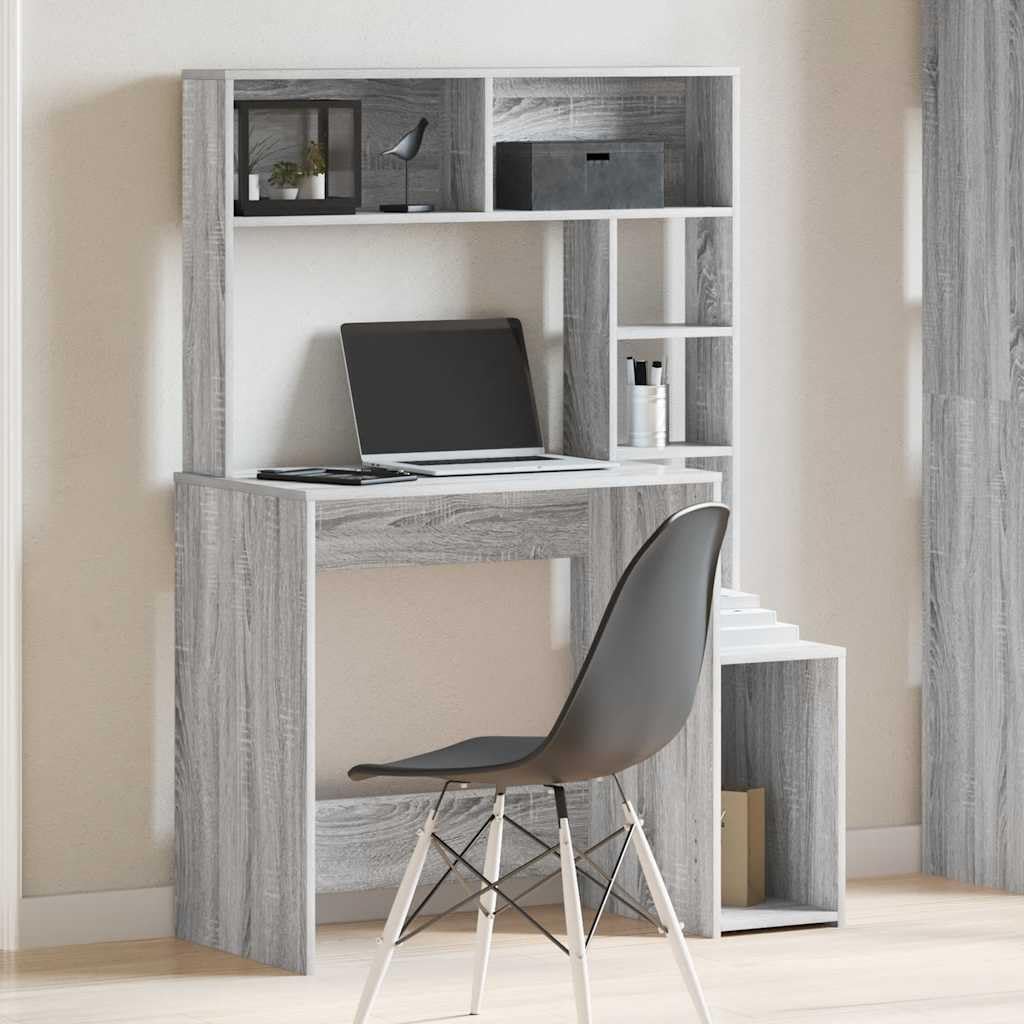 Scrivania con mensola grigio Sonoma, 100 x 45 x 140 cm, in legno, per studio, PC, postazione di lavoro, ufficio, casa, ufficio