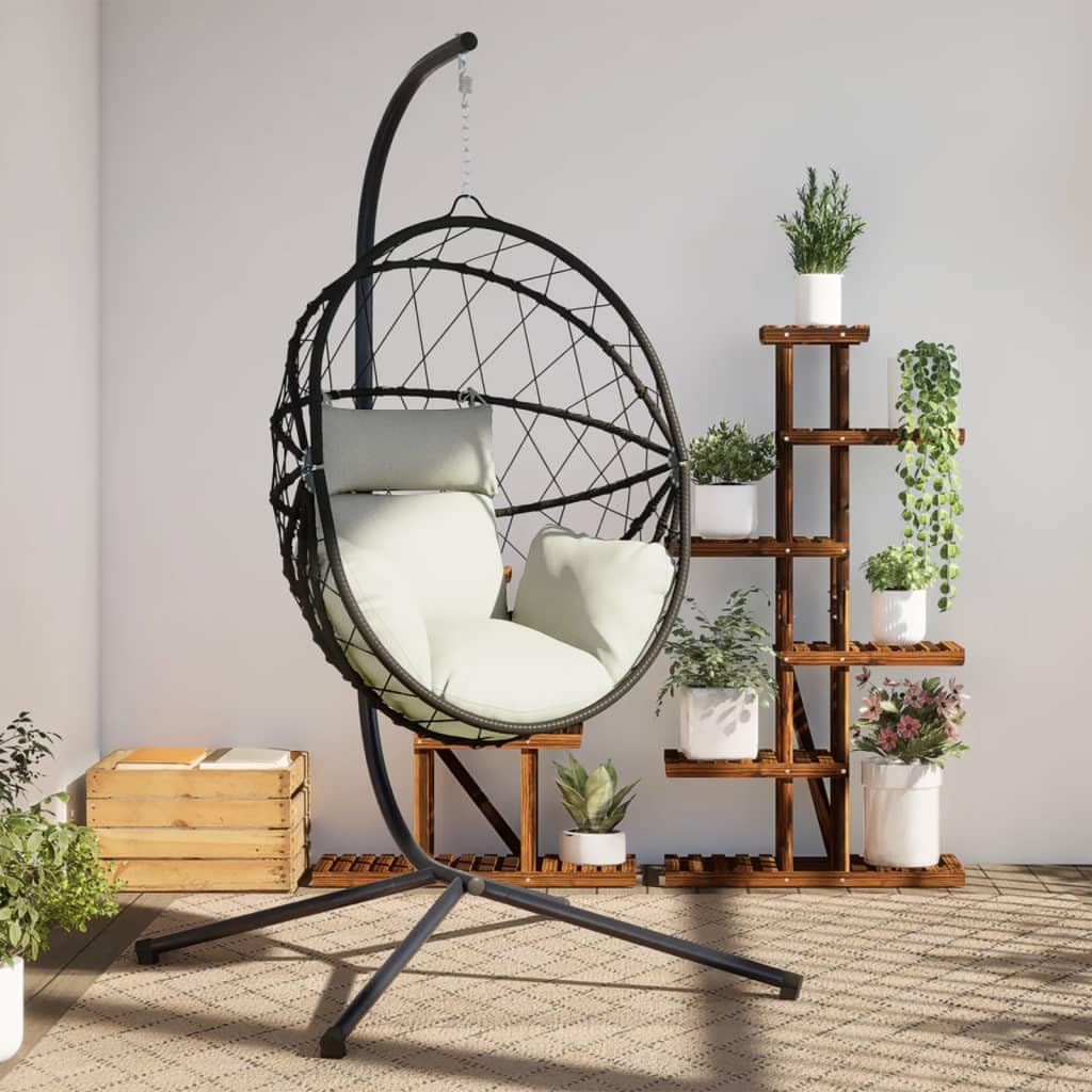 Silla Colgante Huevo Ratán Y Acero Con Cojín Beige