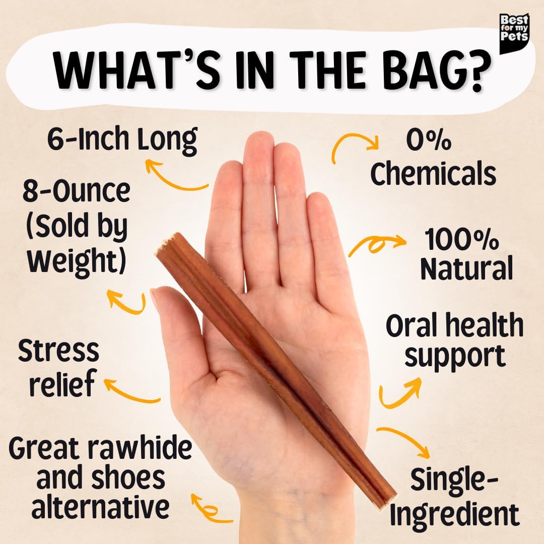 Best For My Pets 6‑Inch Odor‑Free Beef Bully Sticks, 8 oz Bag - Single‑Ingredient, Long‑Lasting Natural Dental Dog Chews, USA‑Inspected Rawhide Alternative