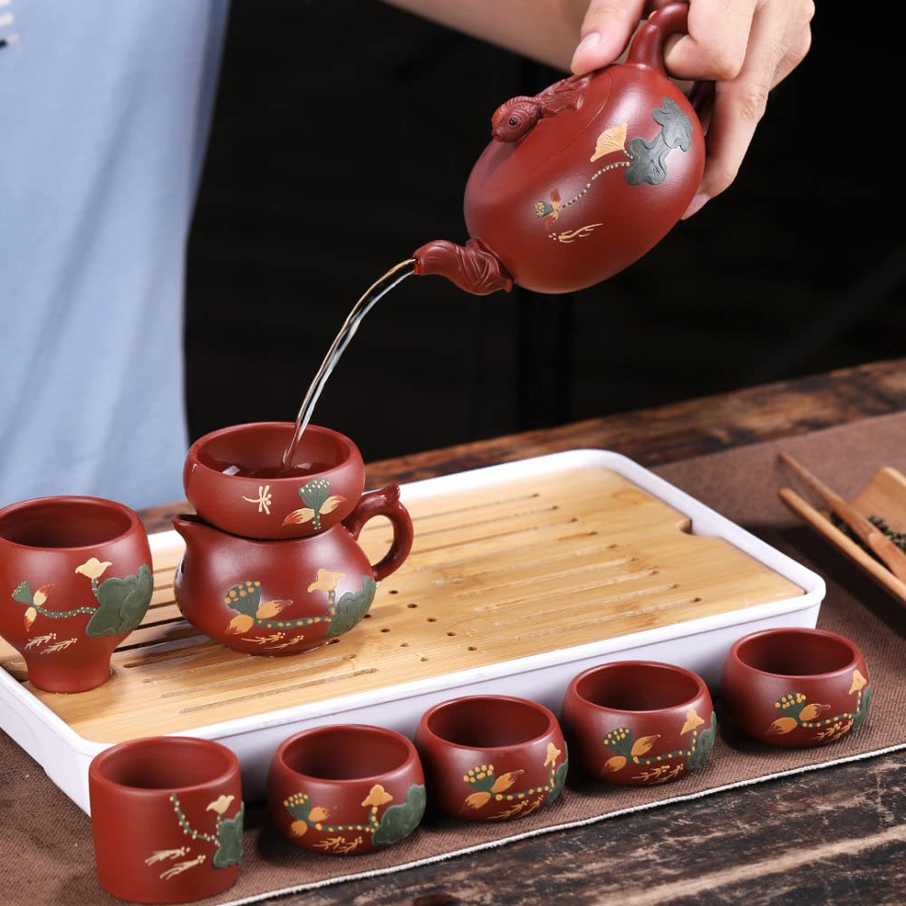 Chiński zestaw do herbaty Yixing Zisha, ceramiczny fioletowy zestaw do herbaty, czajniczek do herbaty z reliefem ryby lotosu z filiżankami do herbaty, dzbankiem do herbaty, czarką do herbaty, filtre
