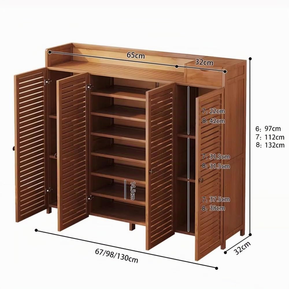 Zapatero de Bambú para Pasillo, Mueble Madera para Zapatos de 4 Puertas con Estantes y Cajón de Diseño Oriental para Entrada Recibidor 130x32x132cm