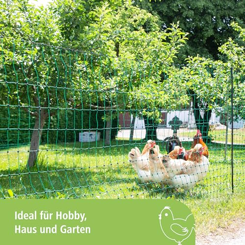 Kerbl Hobbyfarming PoultryNet, 106cm, 25m, Geflügelnetz, Weidezaunnetz, stromlos, Doppelspitze, grün, 8 Pfähle, Hühner, Gänse, Puten, 3 Jahre Garantie UV-Stabilität