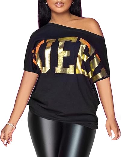 PESION Women Off The Shoulder Tops Sexy Shiny Metallic Shirts Short Sleeves Fashion Graphic T-Shirts Blouses