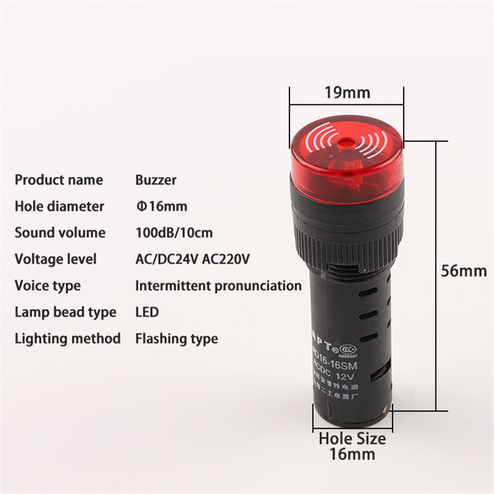AD16-16SM 16mm 12V 24V 110V 220V 380V Segnale luminoso LED rosso Indicatore segnale acustico attivo Rosso Verde Giallo 1 Pz (Color : AD16SM Red, Size : 24V)