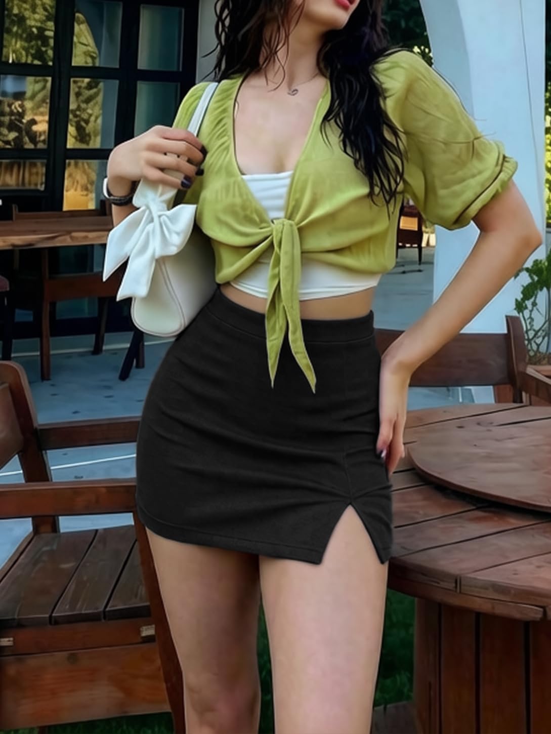 eoeoo Women's High Waist Slit Bodycon Mini Club Skort Skirt Built-in Shorts