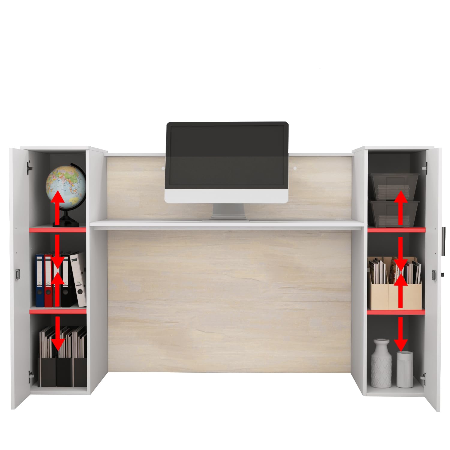 Banco di reception, grandi banchi con ripiani regolabili, bancone della reception, mobili da ufficio, colore legno e bianco, 180 x 60 x 110 cm, MDF, moderno ed elegante