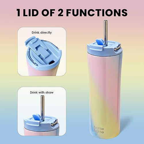 Miniatura 3 de BOTTLE BOTTLE Vasos de café aislados con tapa de doble uso y pajita, taza de café de viaje con doble pared para mujer y hombre, vaso de acero