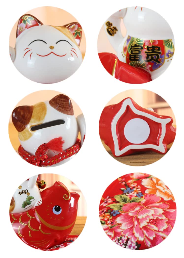Maneki Neko Glückskatze Glücksbringer Spardose aus Porzellan Katze und Fisch,Rot