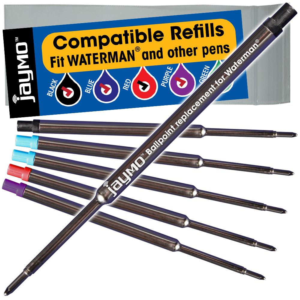 Jaymo Replacement for Waterman 834254/834264 - Measures 4.4 in / 112 mm Long - Ballpoint Pen Refill - 2 Black + 2 Blue + Red + Purple