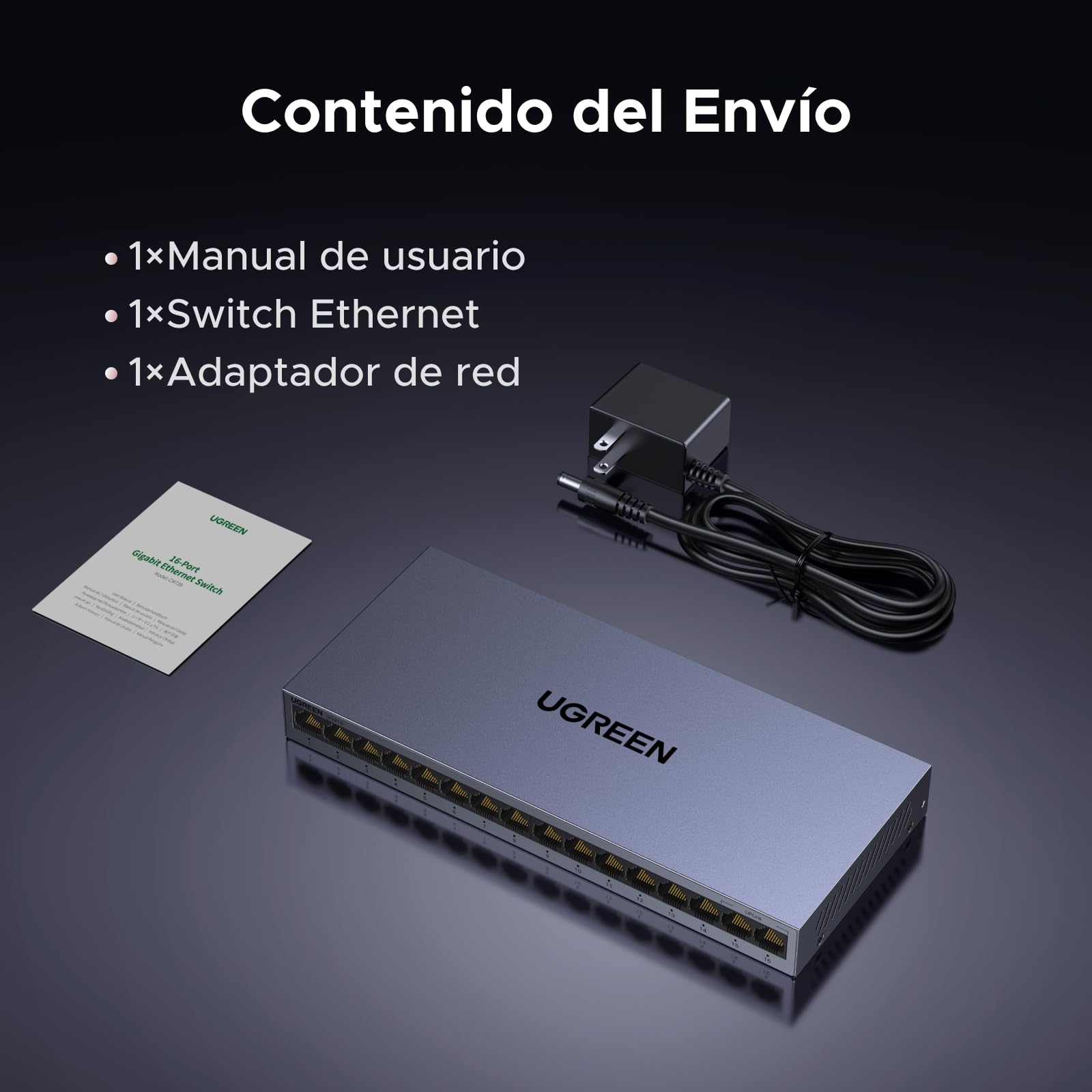 UGREEN Switch Gigabit 16 Puertos Velocidad Automática de 10/100/1000 Mbps | No Gestionado RJ45 Plug and Play VLAN Carcasa Metálica Conmutador Ethernet para TV Laptop Switch Router Monitor