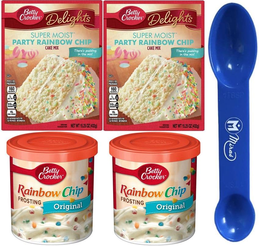 Betty Crocker Delights Super Moist Party Rainbow Chip Cake Mix Bundle incluye mezcla para pasteles (3 cajas), glaseado (3 baños) (cuchara medidora 2