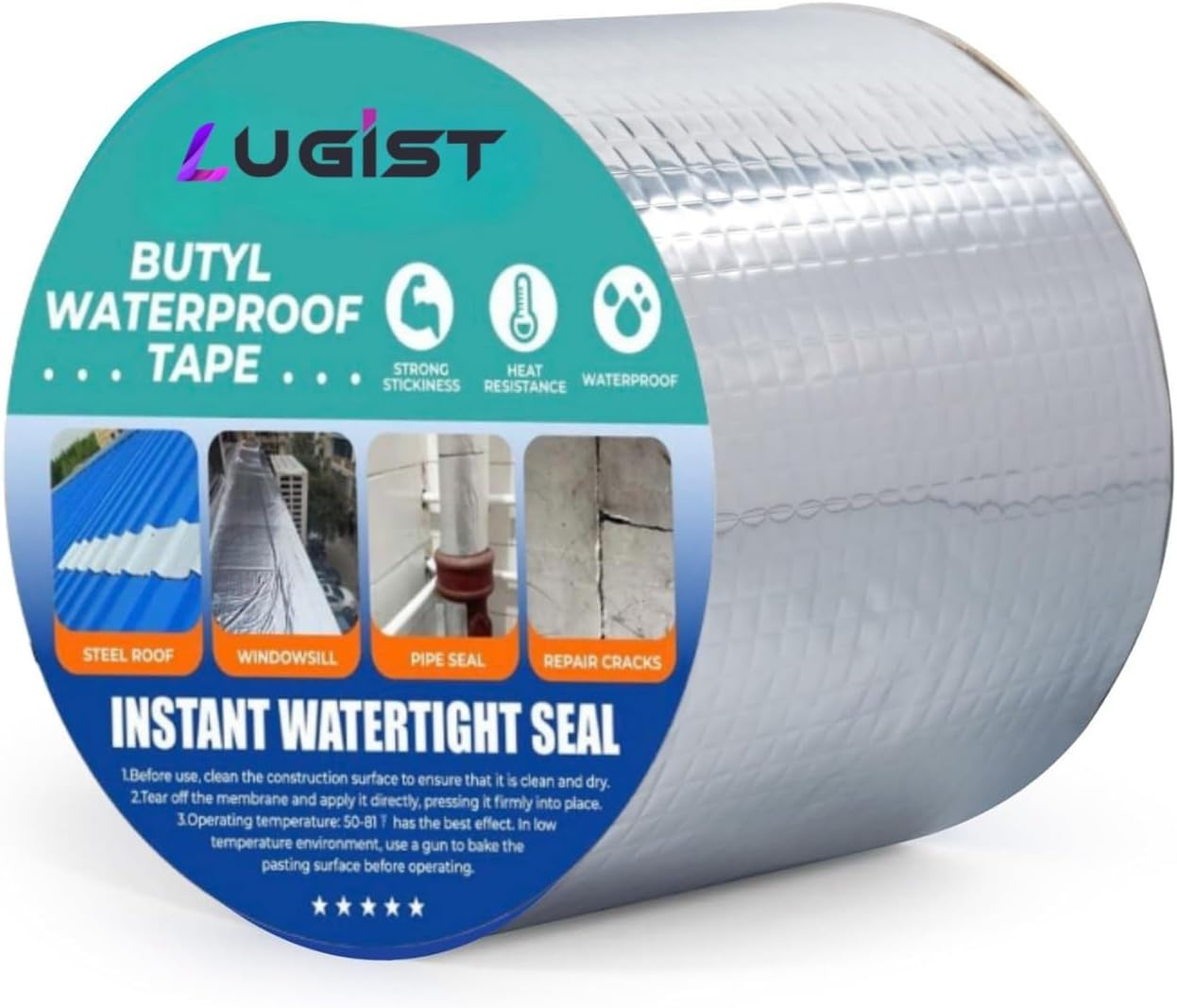 LUGIST Super Strong Adhesive Waterproof tape Permanent Repair Roof Water Leakage Solution Rubber Foil Suitable for Roof Leak, surface Crack, Window Sill Gap, Boat Sealing, Tank Leak (10 CM*5M)