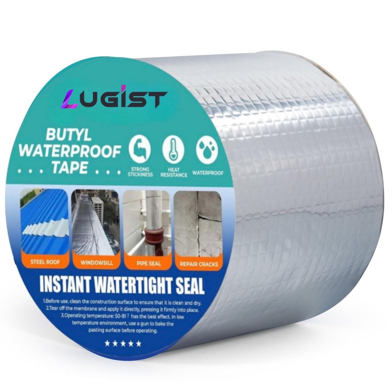 LUGIST Super Strong Adhesive Waterproof tape Permanent Repair Roof Water Leakage Solution Rubber Foil Suitable for Roof Leak, surface Crack, Window Sill Gap, Boat Sealing, Tank Leak (10 CM*5M)