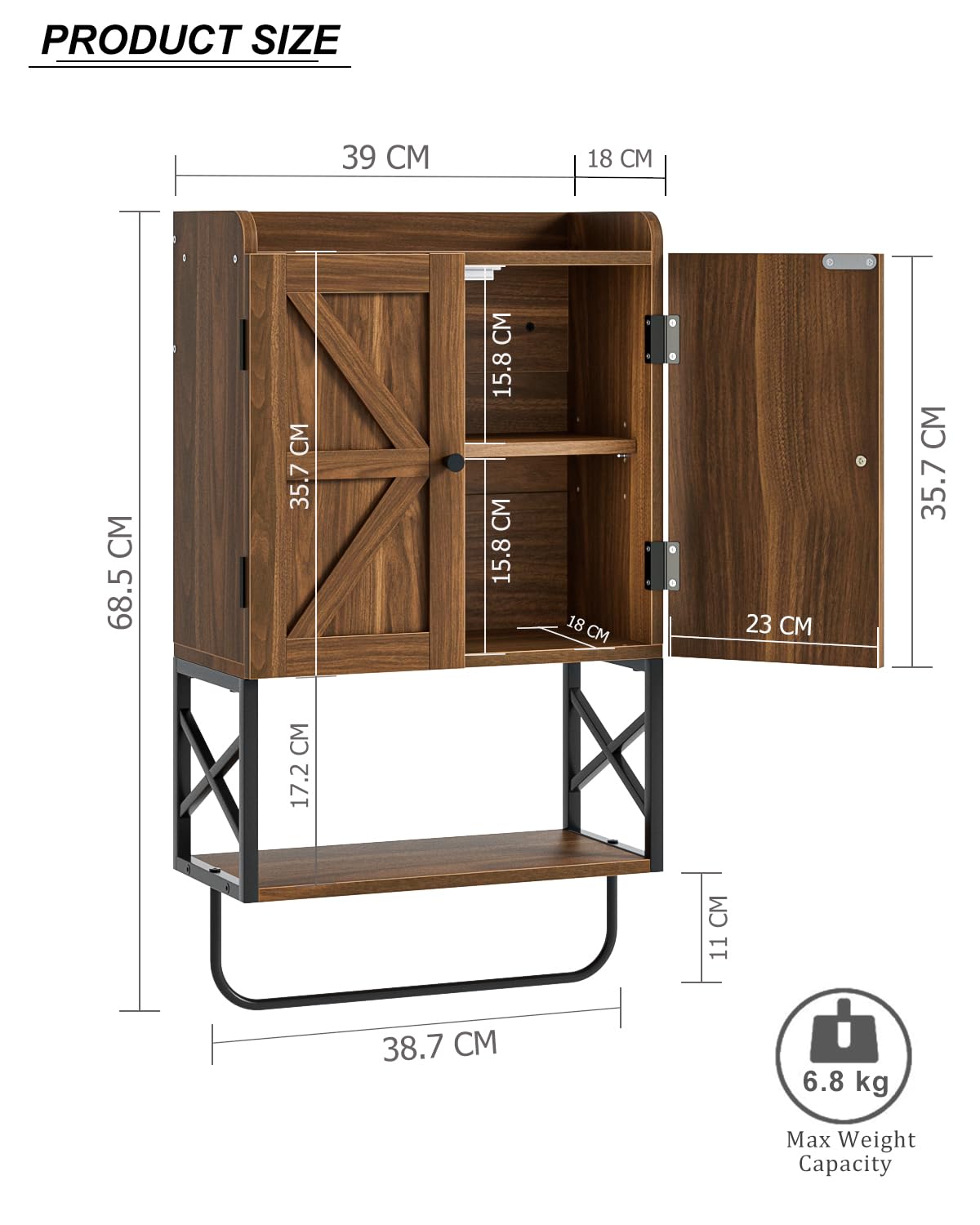 Armadietto da bagno, piccoli armadi medici con ripiano regolabile e ante di bloccaggio magnetico, armadio sospeso a parete per bagno/lavanderia, rovere