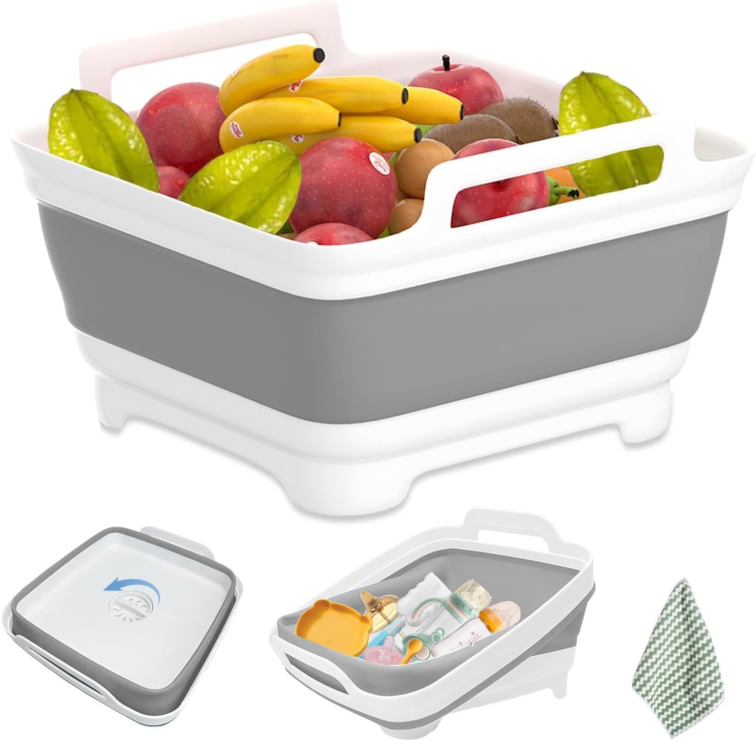 2.4 Gal(9L) Collapsible Dish Basin for Baby Bottles,Collapsible Kitchen Sink with Drain,Laundry Tub,Dish Tubs, Camping Sink Foldable, Kitchen Storage Tray for Camping, Vegetable Washing,Towel