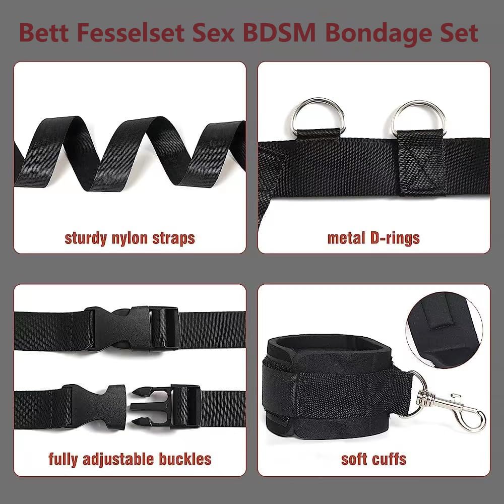 2026-Nouveau Ensemble de Retenue de lit à 4 Côtés Ensemble de Bondage Menottes SM Jouets Sexuels avec Masque pour Les Yeux Poignets et Cuisses Réglables Jouets Sexuels pour Couples Débutants
