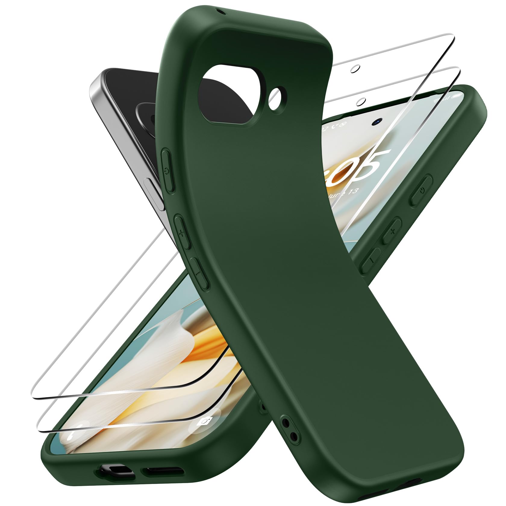 FLLAO Cover Compatibile con Google Pixel 9A 5G con 2 Pellicola Vetro Temperato, Custodia Ultra Sottile Silicone TPU Morbido Case Protettivo Verde