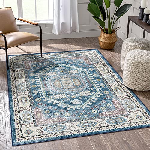 vivorug 3x5 Rug, Small Area Rug for Living Room, Bedroom, Kitchen, Machine Washable Non-Slip Throw Rug, Vintage Distressed Medallion Carpet for Entryway Nursery Dinner Room - Durable (Blue)