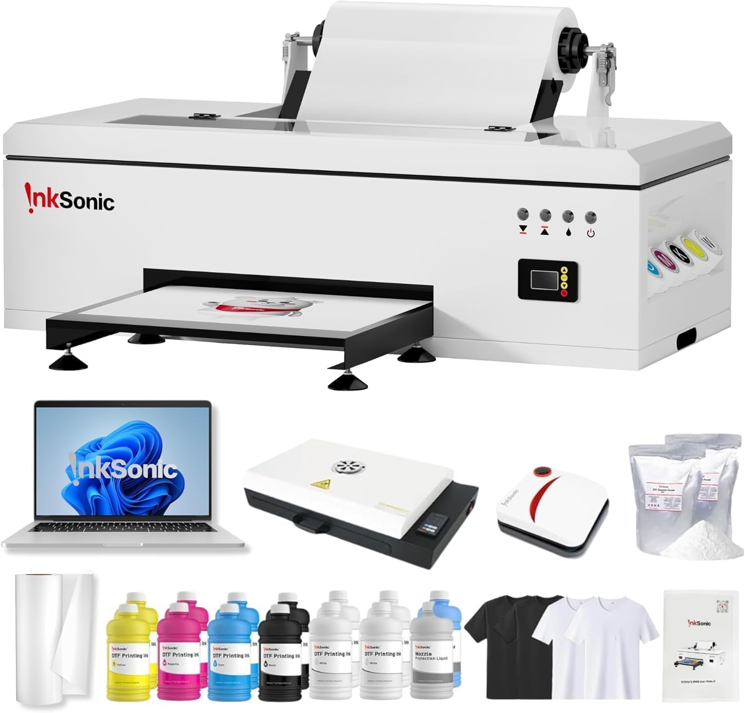 InkSonic R1390 DTF Printer A3, 13" Width DTF Transfer Printer Bundle with Heat Press Machine, Custom T-Shirt Printing Machine, Direct to Film, White Ink Circulation System, Multi-Material Compatible