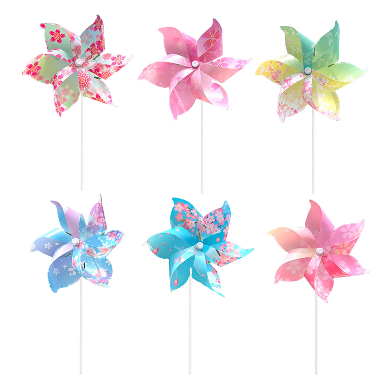 Sakura Windmills for Children, 6 Pack Colorful Flower Wind Spinners for Garden Decor, Outdoor Party Favors, Decorations, Weather Resistant Plastic Pinwheel Toys for Yard, Lawn, Patio