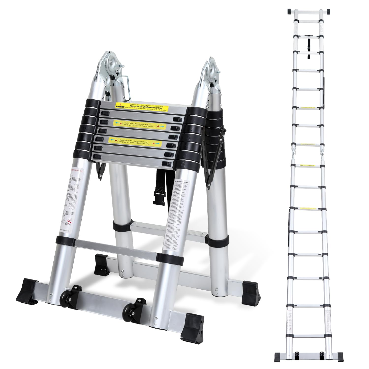 Escalera telescópica plegable - 5 m - 2,5 m + 2,5 m - De aluminio - Multifuncional extensible - Carga máxima: 150 kg - Para interior y exterior - Plateado - Incluye piezas de hierro