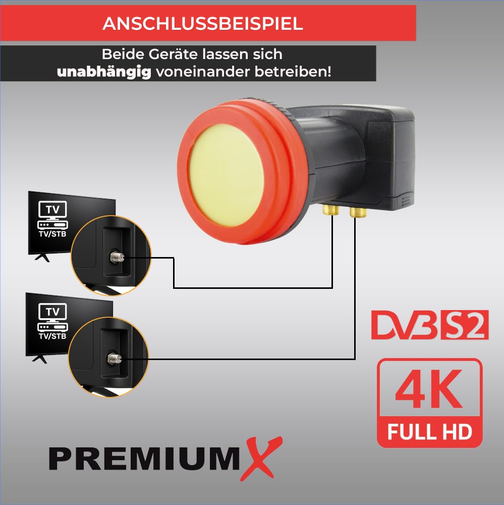 Premium X Twin LNB - 2 voies - Extrêmement résistant à la chaleur - Pour 2 participants - 4K Full HD - Avec protection contre les intempéries pour récepteur satellite numérique - Noir - Avec 4 fiches