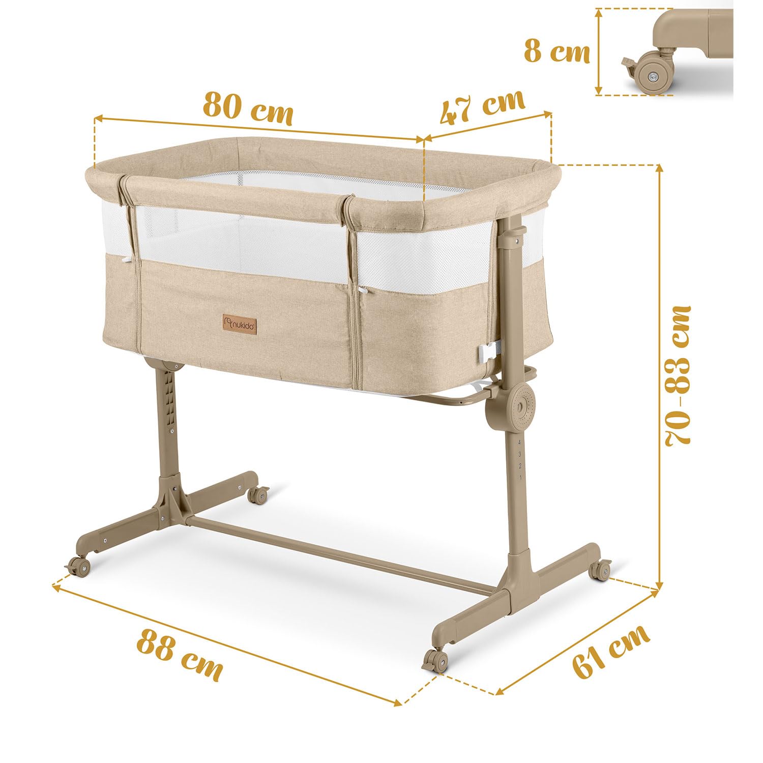 Nukido Babybett Beistellbett Reisebett - Bis 9 kg 5 Monate - Mit Matratze - Klappbar - Auf Rollen - Höhenverstellbar - Beige
