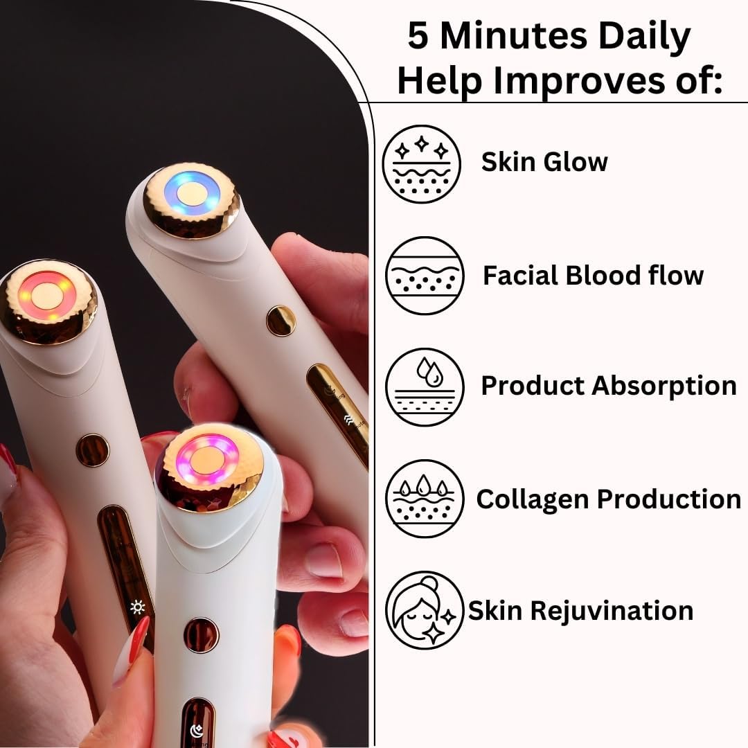 Elegra 5-in-1 LED Facial Light Therapy Wand | Red, Blue, and Mixed Light | Hot Compress, Massager, Adjustable & Golden Head