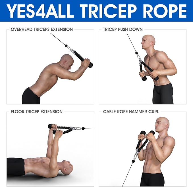 The Yes4All Deluxe Tricep Rope Cable Attachment is designed for use with exercise machines and pulley systems in the gym. It comes in two different lengths, 27 and 36 inches, to accommodate different exercise needs and spaces. With four color options available, users can choose the one that best fits their personal preference or gym decor.