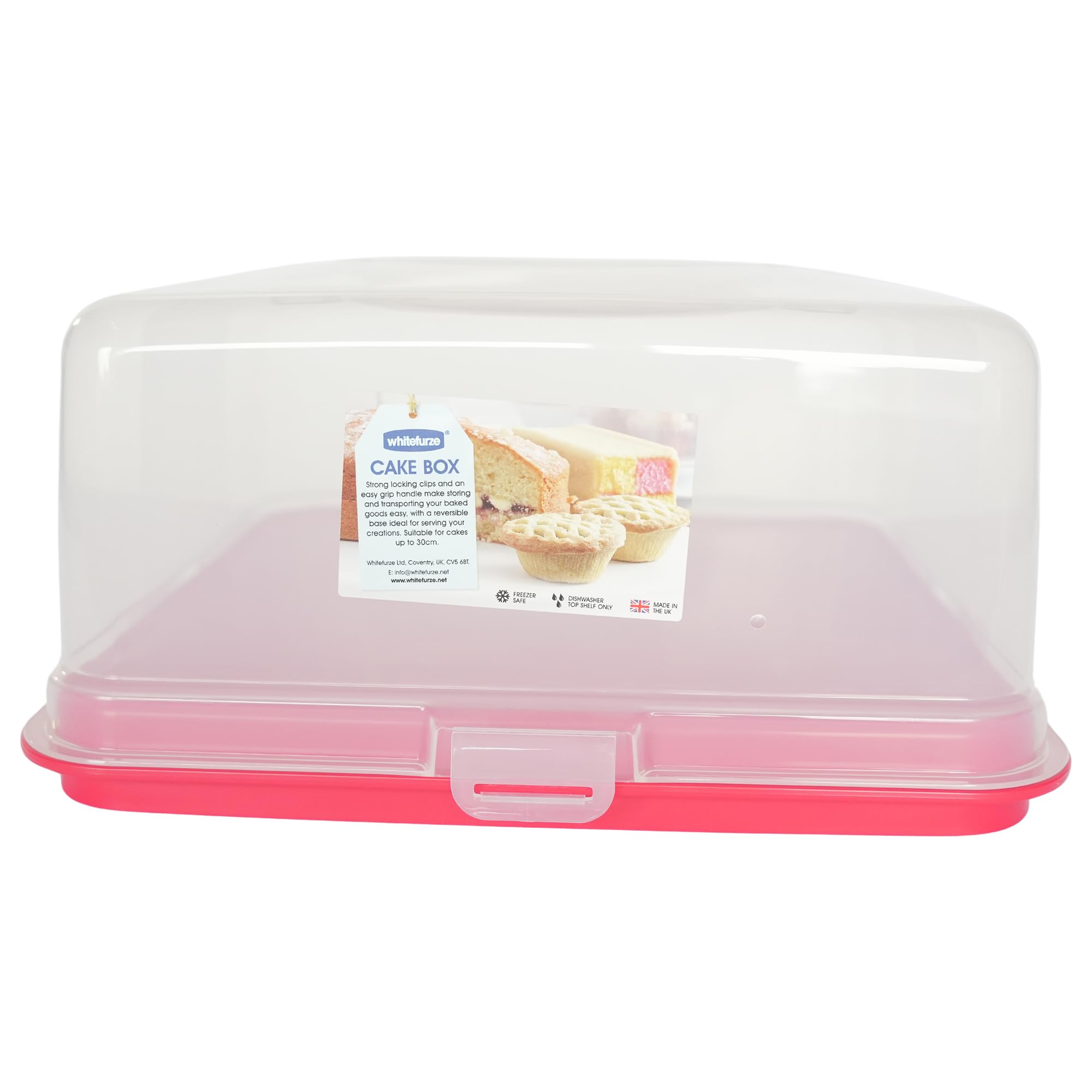 ACCURATE Plastic Cake Carrier with Lid & Locking Clips – Square Cake Box with Handle, Dishwasher Safe PP Material, Durable Cake Holder for Transport & Storage, Holds Cakes up to 30cm – White&Red