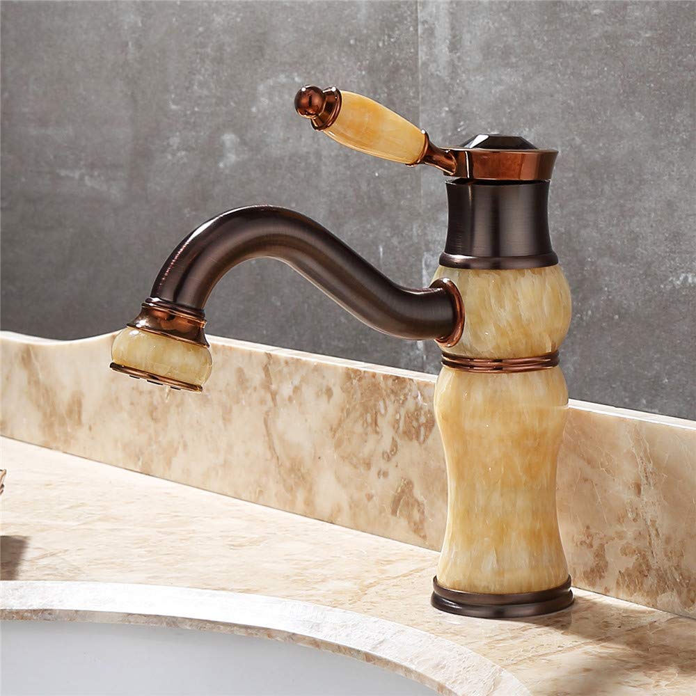 RajoNN Kupfer-Roségold-Natürlicher Jade-Gesichtstopf Drehbarer Badezimmertank Kugel-Kühl- und Heißwassermischer Einhand-Streifenbelüfter, One