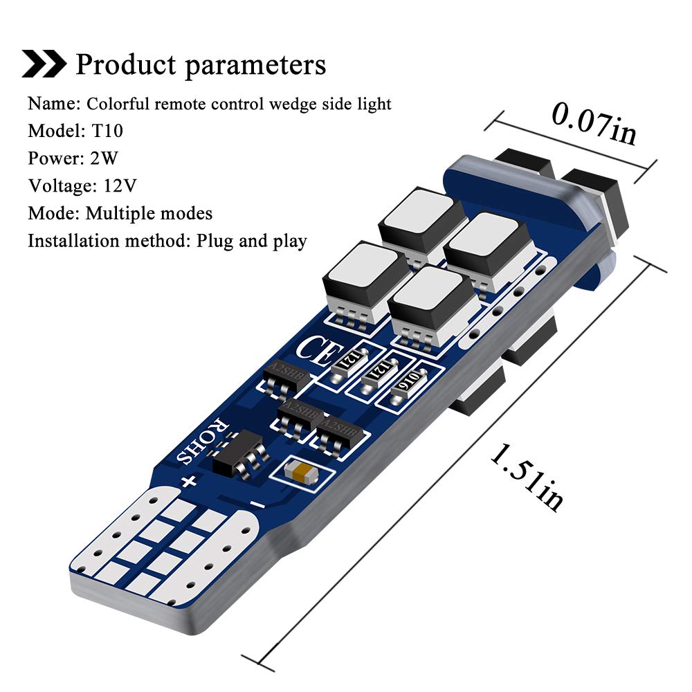 T10 194 W5W 168 3535 10-SMD Żarówki LED RGB, marker boczny, lampy na mapę domową, wnętrze samochodu z pilotem zdalnego sterowania, wskaźnik DC12V, 2 sztuki