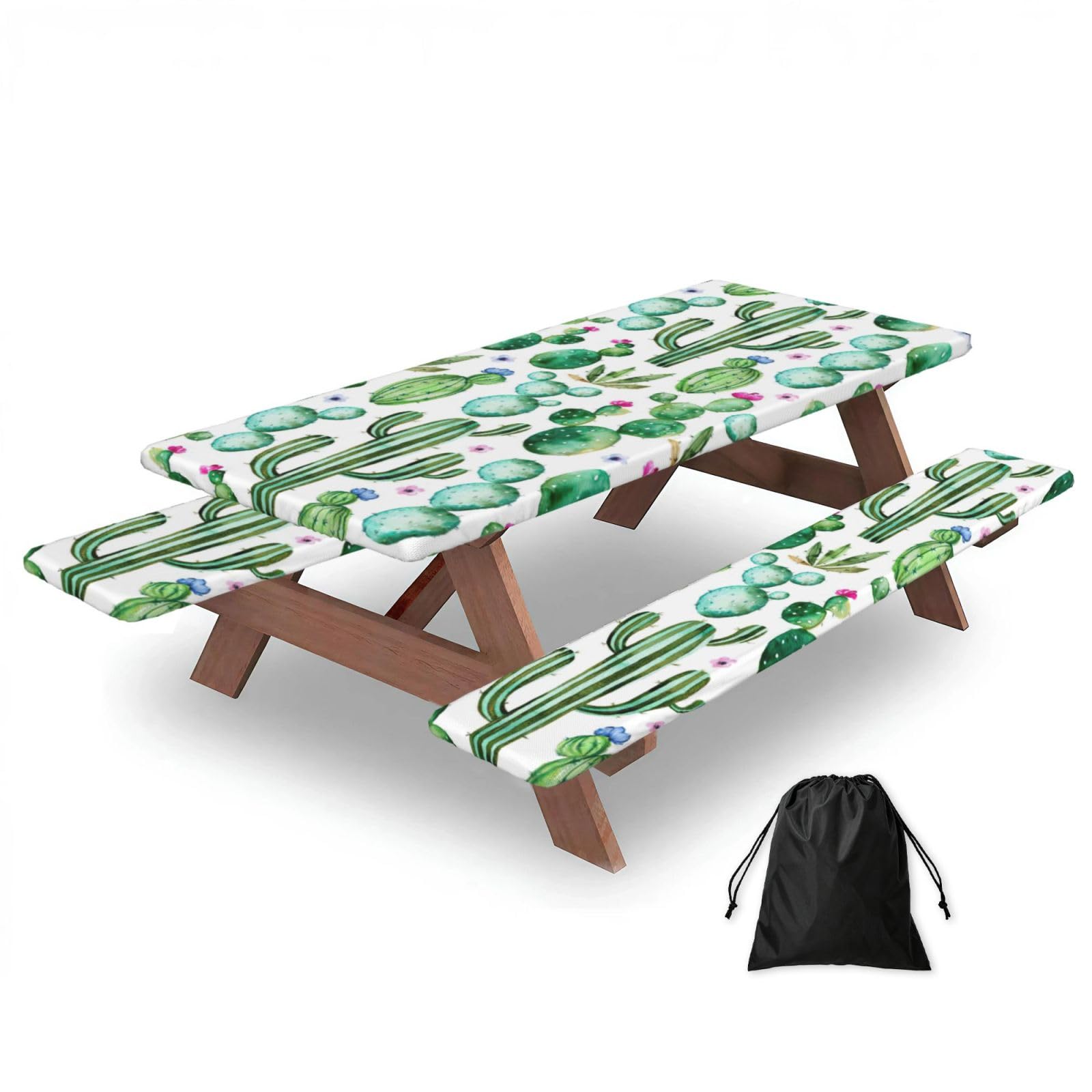 Zyjhyy Black Tropical Cactus Tree Flower Print Party Table Covers With Bench Covers Set Of 3 Picnic Table Cloth Wipe Clean For Garden Camping