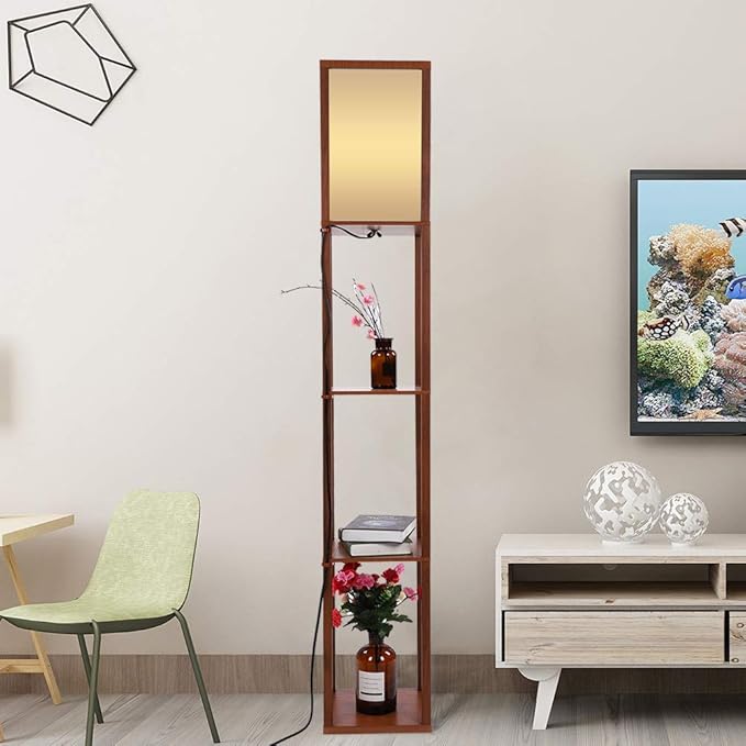SOULONG SOULONG Vloerlamp van hout met 3 planken, 1,6 m, geïntegreerde vloerlamp voor slaapkamer, woonkamer, hal, opbergplanken, modern (bruin)
