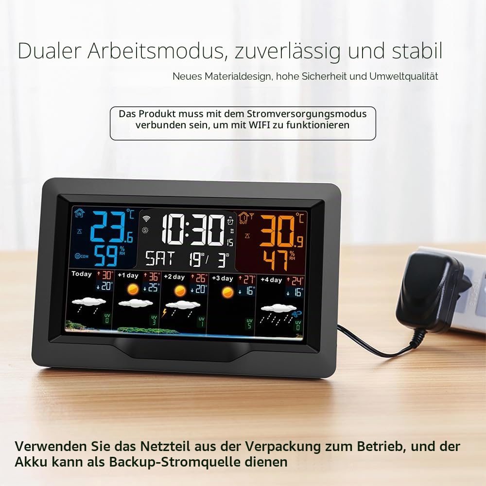OBEST Wlan Wetterstation Funk mit Außensensor App WiFi Funkwetterstation | Farbdisplay Hygrometer Thermometer Humidimeter Innen Außen mit 5 Tage Wettervorhersage Luftfeuchtigkeit Luftdruck Zeit