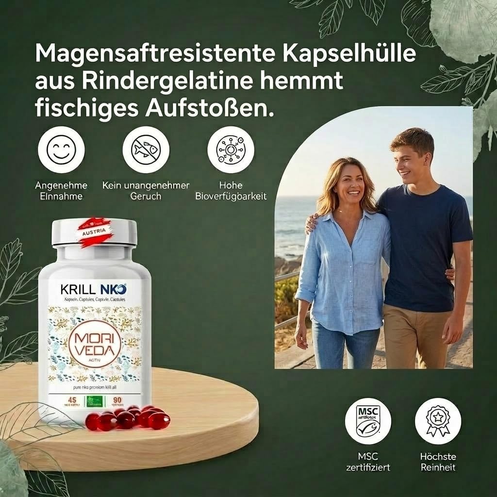 MoriVeda NKO® Antarktische Krillöl Kapseln 270 Stück (3x90) mit Vanille – 1000 mg Antarktisches Krillöl/Tagesdosis – EPA DHA Astaxanthin Cholin Phospholipide – MSC-zertifiziert, aus ECO Harvesting