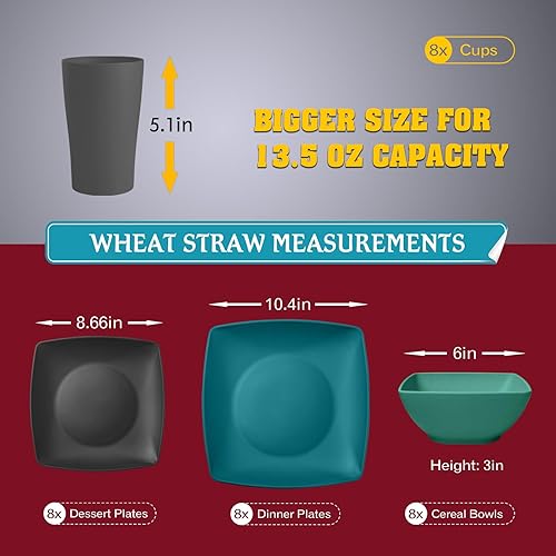 Miniatura 2 de Teivio Juego de vajilla cuadrada de paja de trigo de plástico de 32 piezas para 8, platos llanos irrompibles, platos de ensalada, cuencos de