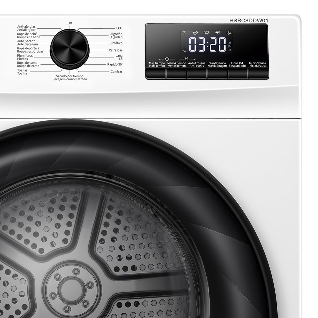 Hyundai Secadora Bomba de Calor, 8kg, Carga Frontal, Blanco, HSBC8DDW01. 650W, 15 Programas, Función Antiarrugas, Tambor Waterdrop, Display LED, Clase D