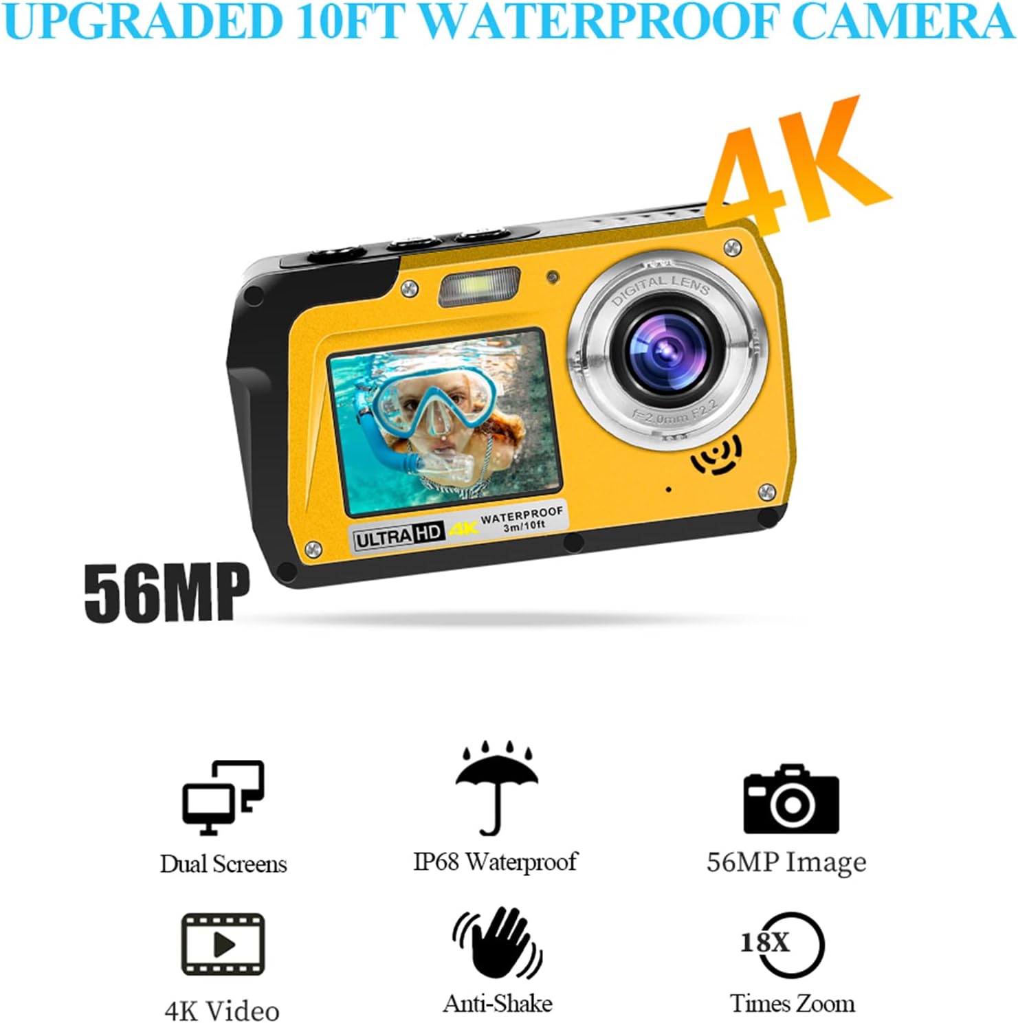 Yisence Tech Waterproof Camera Underwater Cameras Full HD 4K30FPS 56 MP Video Recorder Selfie Dual Screens 10FT Waterproof Digital Camera for Snorkeling on Vacation 1700mAh（Yellow） : Electronics