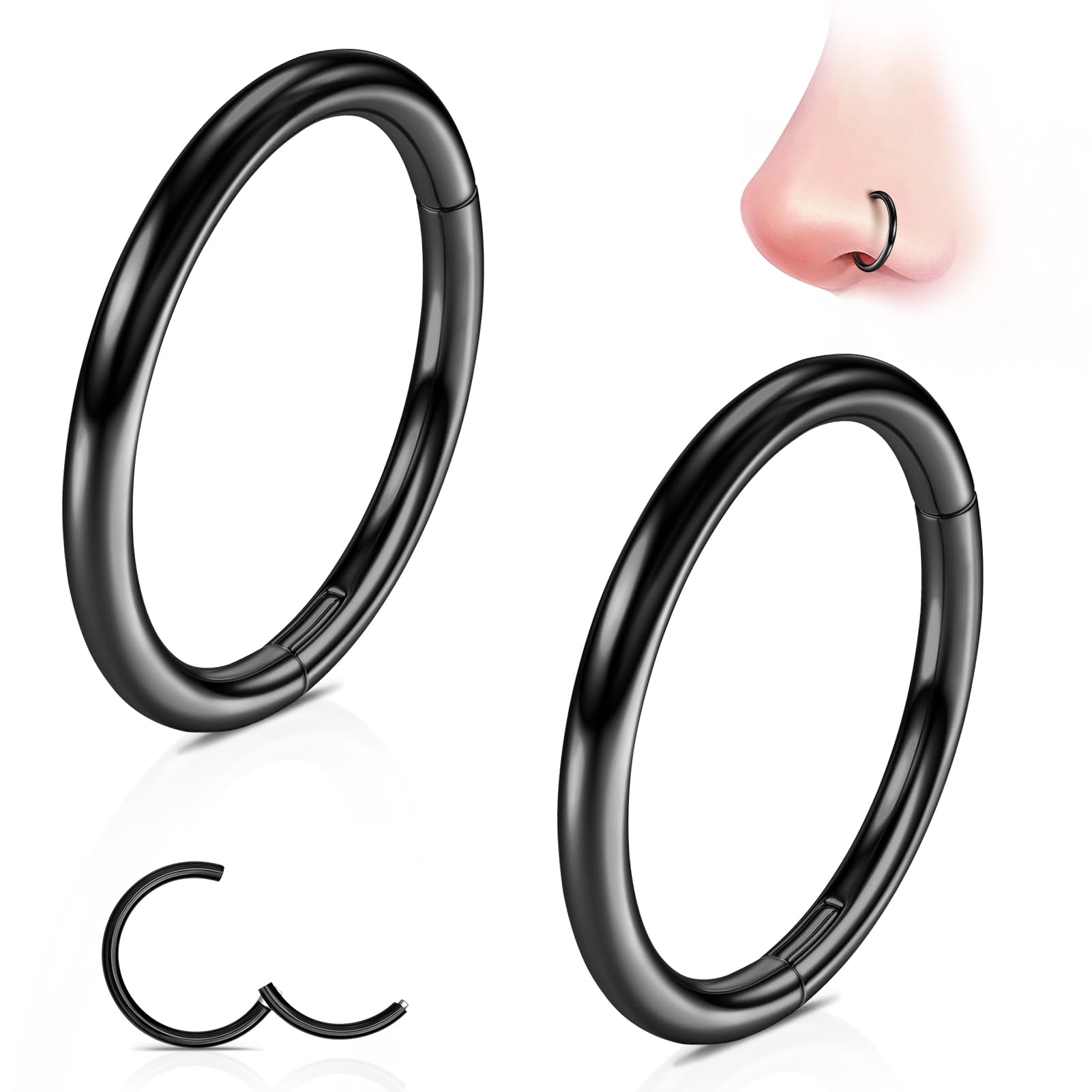 WBRWP G23 Titanium Nose Rings Hoops: 2Pcs Seamless Nose Septum Rings Hypoallergenic Cartilage Earrings Helix Daith Conch Tragus Rook Piercing Jewelry