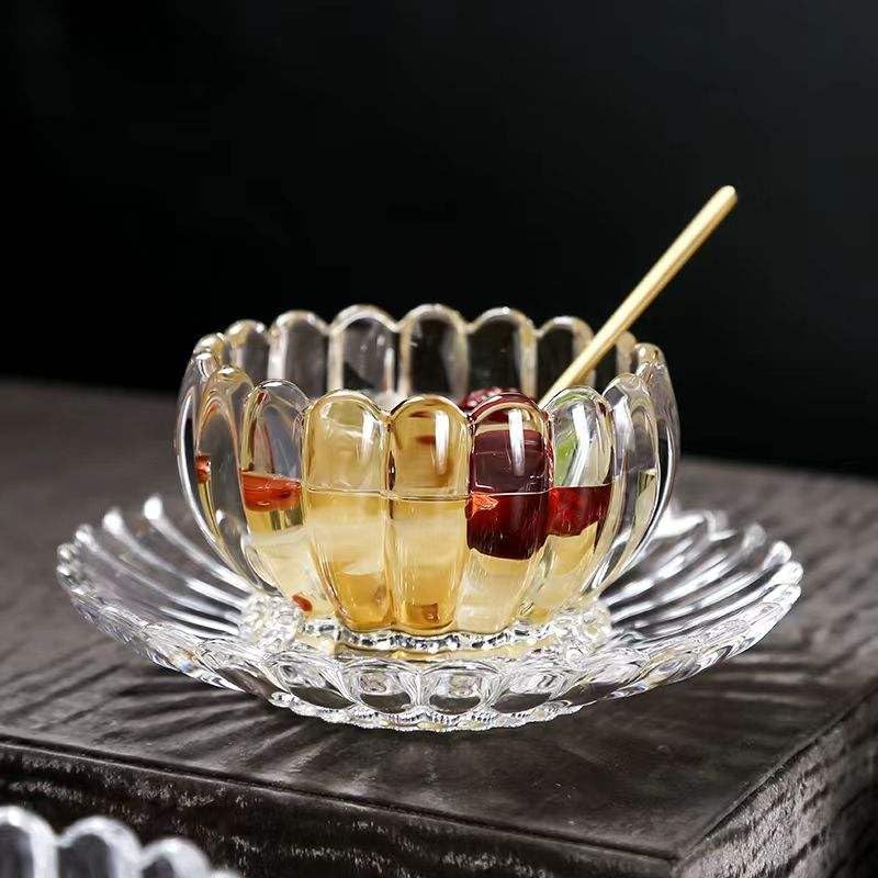 Image of Glassbunny Flower Glass Serving Bowl And Plate Set Glass Dessert Bowls Prep Bowls Salad Bowls Ice Bowl Fruit Snack Serving Dishes with Dish for Kitchen Prep Dessert Dips Candy Nut (1 Bowl and 1 Plate)