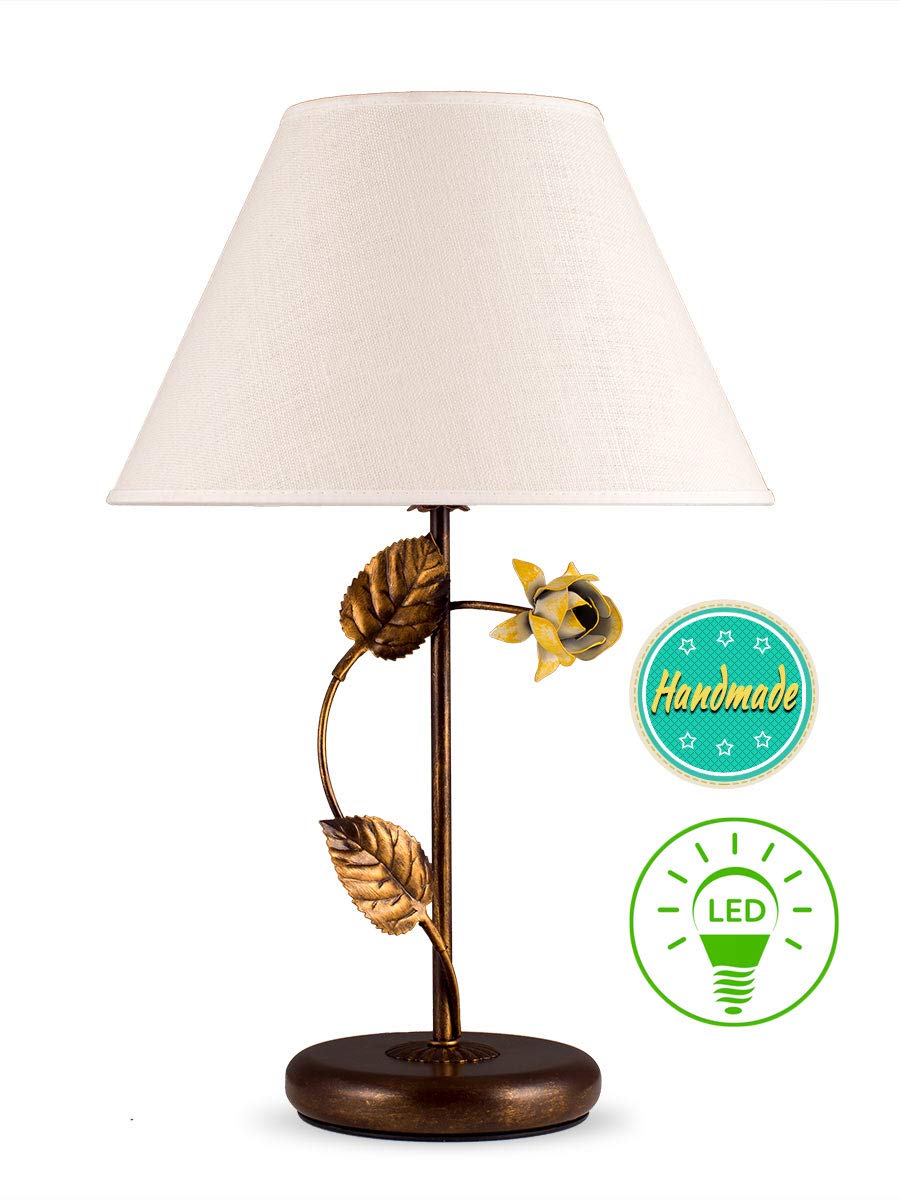 LED Tischleuchte Florentiner braun Stoffschirm Leinen Landhausstil Blumen | Helios Leuchten 4037510/1 Tischlampe antik-braun Stoffschirm handgefertigt Landhausstil Nachttisch Schreibtisch Wohnzimmer