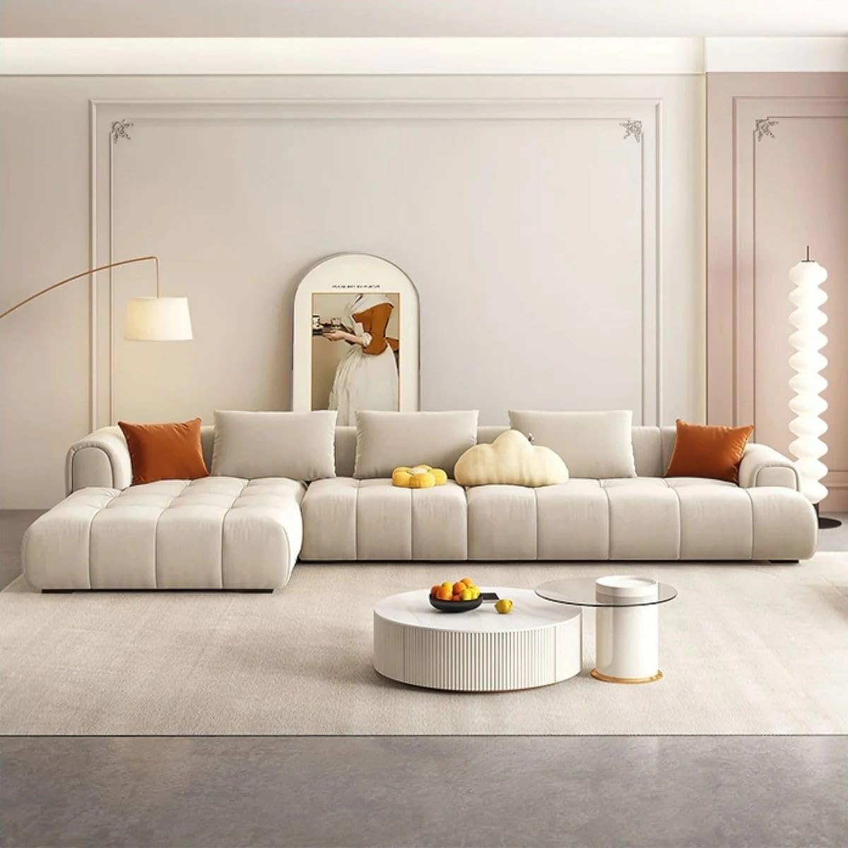 كنبة زاوية رُكنة على شكل حرف L تنجيد مريح - اللون بيج - مقاس 330 / 180 × 95 × 60 سم